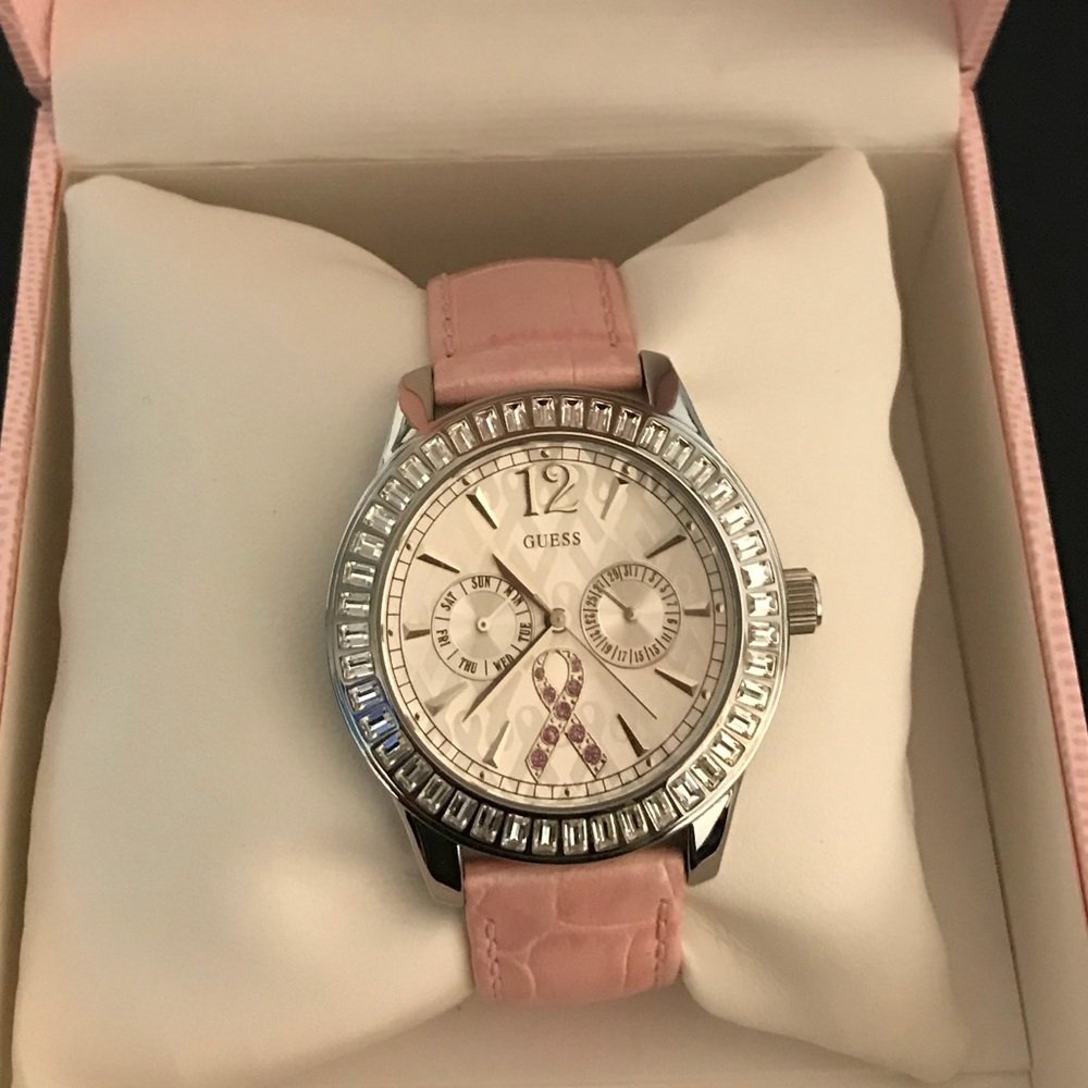Guess Pink Crystal-Embellished Watch with Leather Strap